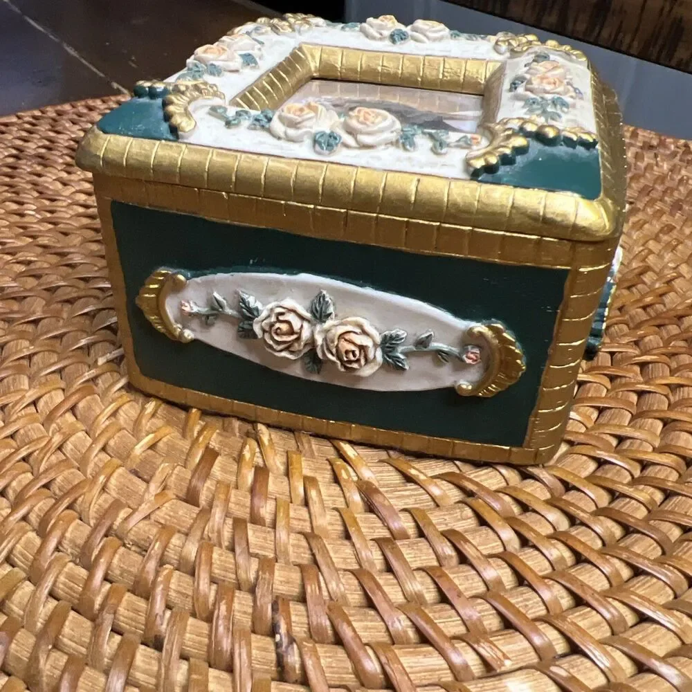 Vintage square picture-holder resin 3D roses trinket box gold felt lining